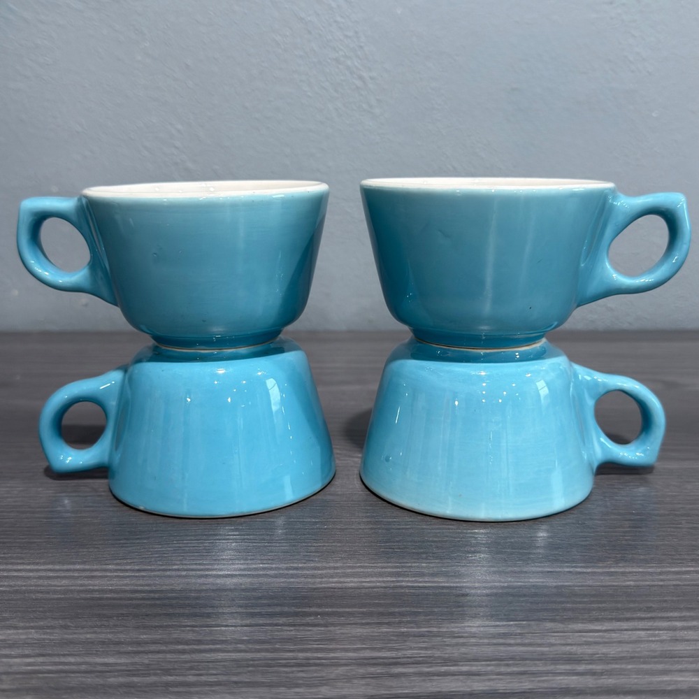 Vintage Buffalo China USA Blue Restaurant Ware Coffee Cups Set of 4 Turquoise